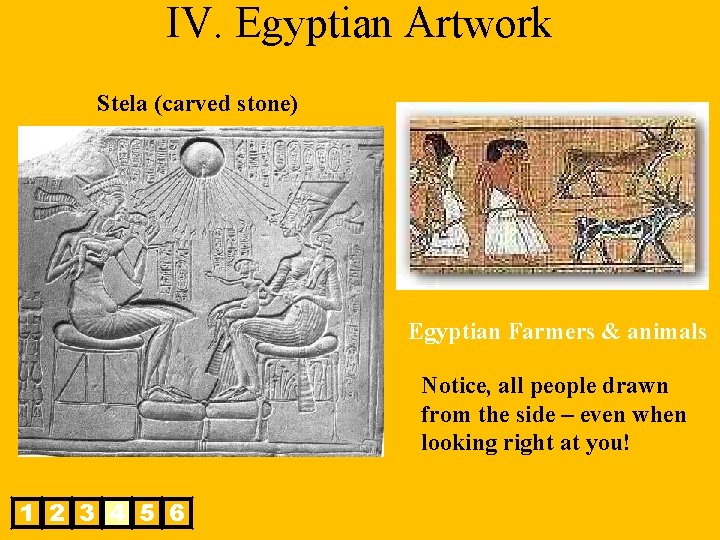 IV. Egyptian Artwork Stela (carved stone) Egyptian Farmers & animals Notice, all people drawn