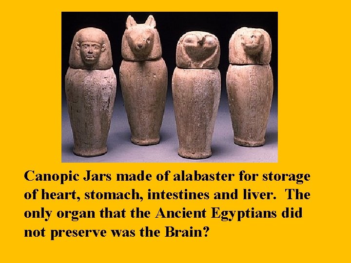 Canopic Jars made of alabaster for storage of heart, stomach, intestines and liver. The