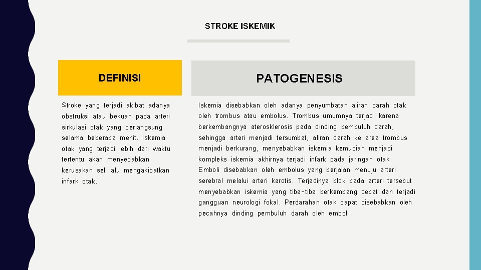 STROKE ISKEMIK DEFINISI Stroke yang terjadi akibat adanya obstruksi atau bekuan pada arteri sirkulasi