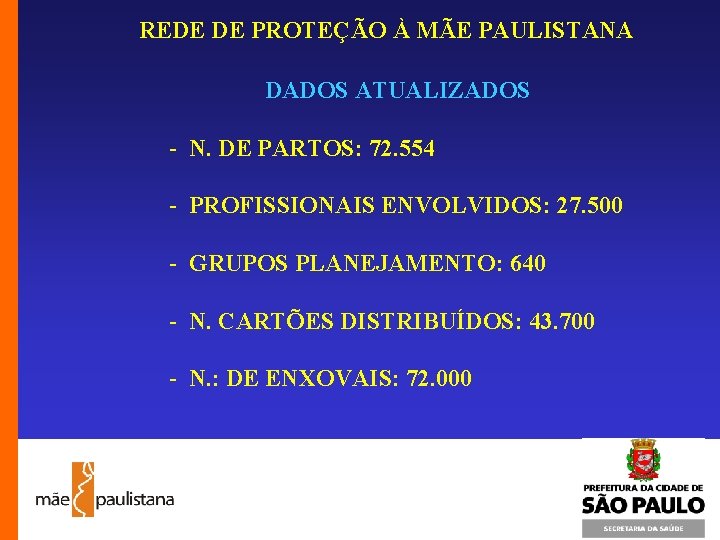 REDE DE PROTEÇÃO À MÃE PAULISTANA DADOS ATUALIZADOS - N. DE PARTOS: 72. 554