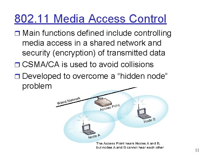 802. 11 Media Access Control r Main functions defined include controlling media access in