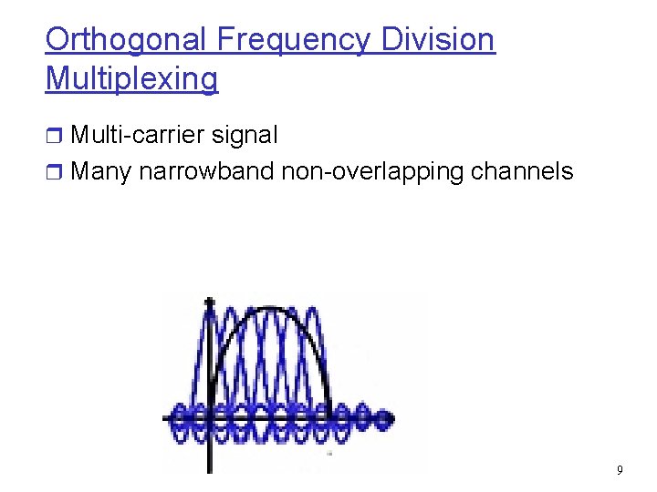 Orthogonal Frequency Division Multiplexing r Multi-carrier signal r Many narrowband non-overlapping channels 9 