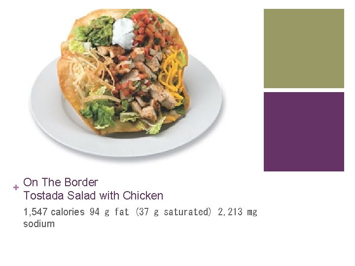 + On The Border Tostada Salad with Chicken 1, 547 calories  94 g fat