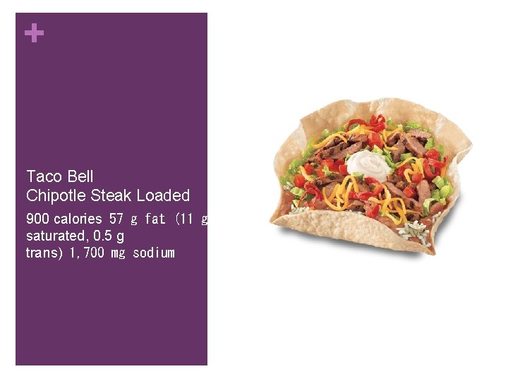 + Taco Bell Chipotle Steak Loaded 900 calories  57 g fat (11 g saturated,
