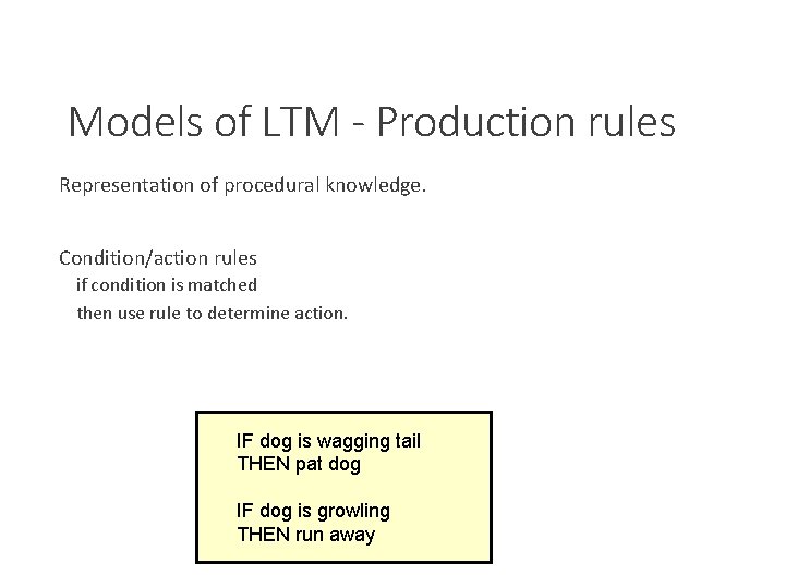 Models of LTM - Production rules Representation of procedural knowledge. Condition/action rules if condition