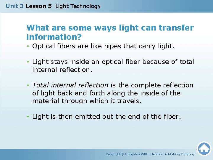 Unit 3 Lesson 5 Light Technology What are some ways light can transfer information? Unit 3 Lesson 5 Light Technology What are some ways light can transfer information?