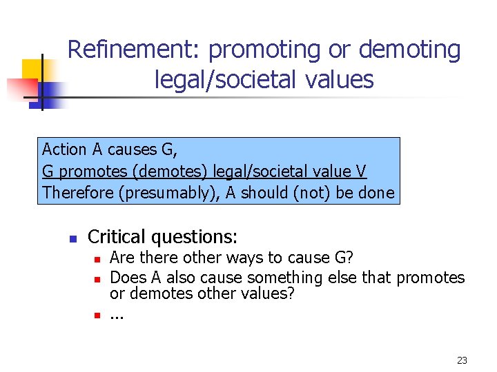 Refinement: promoting or demoting legal/societal values Action A causes G, G promotes (demotes) legal/societal