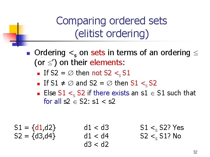 Comparing ordered sets (elitist ordering) n Ordering <s on sets in terms of an