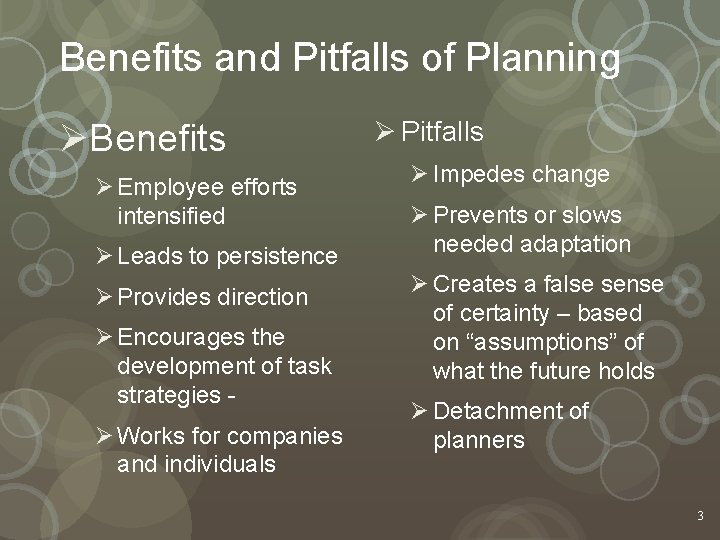 Benefits and Pitfalls of Planning ØBenefits Ø Employee efforts intensified Ø Leads to persistence