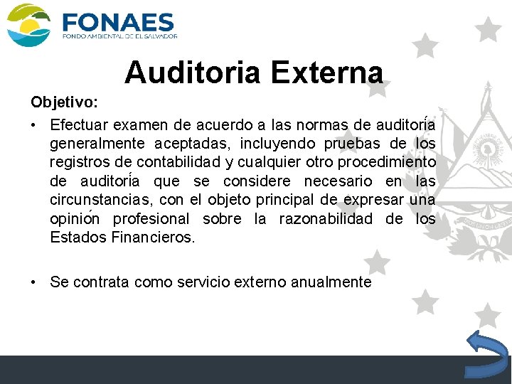 Auditoria Externa Objetivo: • Efectuar examen de acuerdo a las normas de auditori a