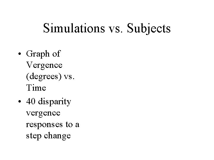 Simulations vs. Subjects • Graph of Vergence (degrees) vs. Time • 40 disparity vergence