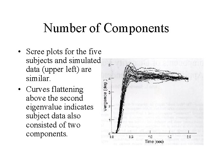 Number of Components • Scree plots for the five subjects and simulated data (upper