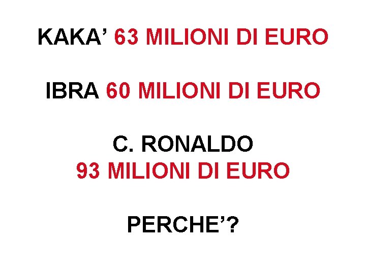 KAKA’ 63 MILIONI DI EURO IBRA 60 MILIONI DI EURO C. RONALDO 93 MILIONI KAKA’ 63 MILIONI DI EURO IBRA 60 MILIONI DI EURO C. RONALDO 93 MILIONI