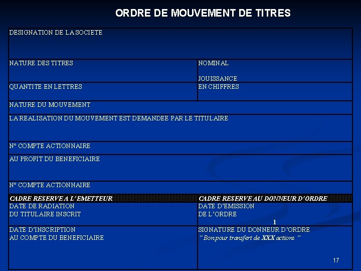 ORDRE DE MOUVEMENT DE TITRES DESIGNATION DE LA SOCIETE NATURE DES TITRES NOMINAL QUANTITE