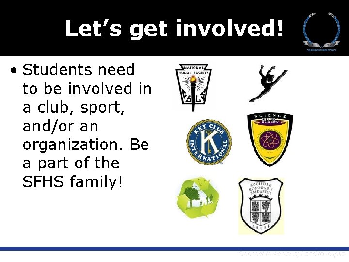 Let’s get involved! • Students need to be involved in a club, sport, and/or