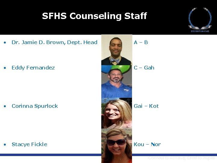 SFHS Counseling Staff • Dr. Jamie D. Brown, Dept. Head A–B • Eddy Fernandez