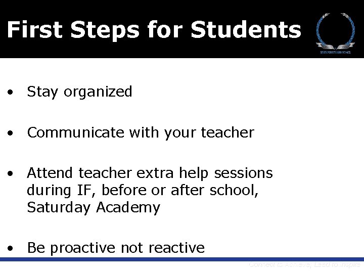 First Steps for Students • Stay organized • Communicate with your teacher • Attend