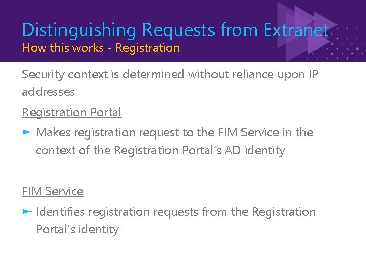 Distinguishing Requests from Extranet How this works - Registration Security context is determined without