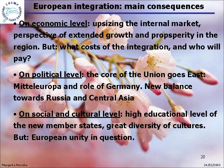 European integration: main consequences • On economic level: upsizing the internal market, perspective of European integration: main consequences • On economic level: upsizing the internal market, perspective of