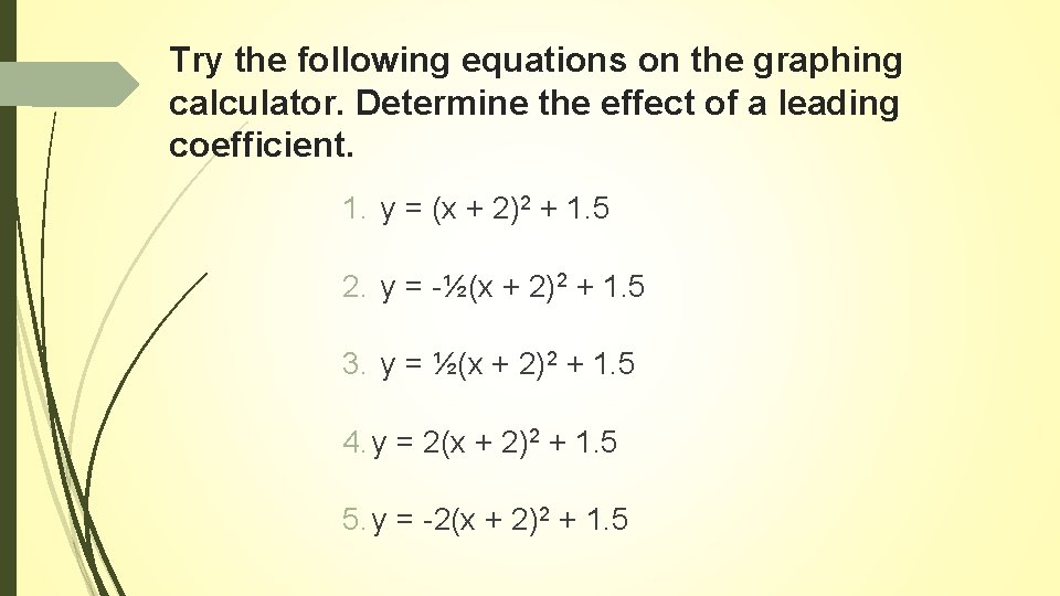 Try the following equations on the graphing calculator. Determine the effect of a leading