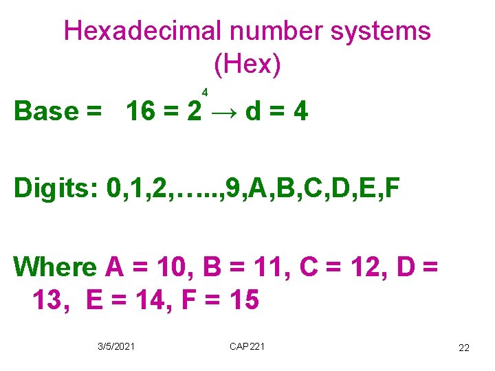 Hexadecimal number systems (Hex) 4 Base = 16 = 2 → d = 4