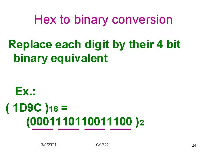 Hex to binary conversion Replace each digit by their 4 bit binary equivalent Ex.