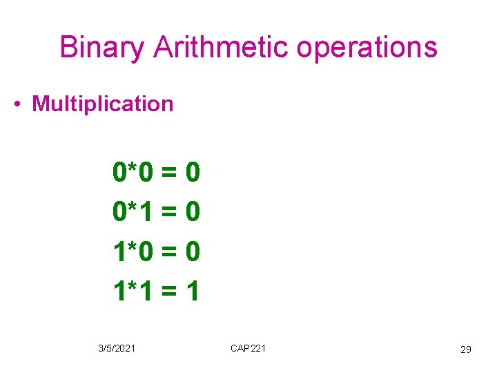 Binary Arithmetic operations • Multiplication 0*0 = 0 0*1 = 0 1*0 = 0