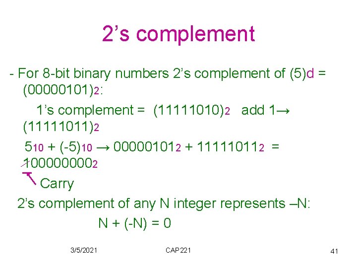 2’s complement - For 8 -bit binary numbers 2’s complement of (5)d = (00000101)2:
