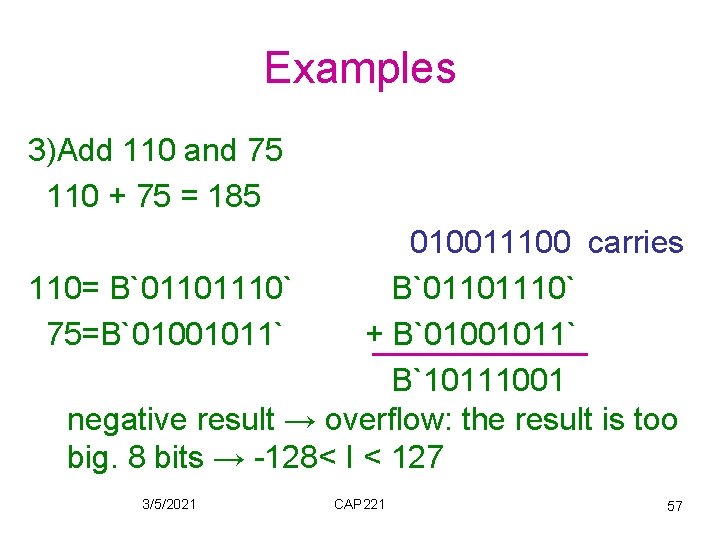 Examples 3)Add 110 and 75 110 + 75 = 185 010011100 carries 110= B`01101110`