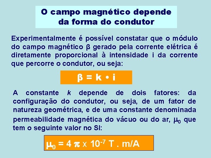 O campo magnético depende da forma do condutor Experimentalmente é possível constatar que o