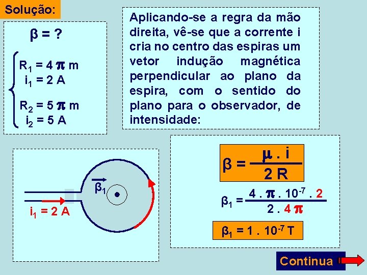 Solução: Aplicando-se a regra da mão direita, vê-se que a corrente i cria no