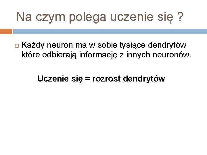 Na czym polega uczenie się ? Każdy neuron ma w sobie tysiące dendrytów które