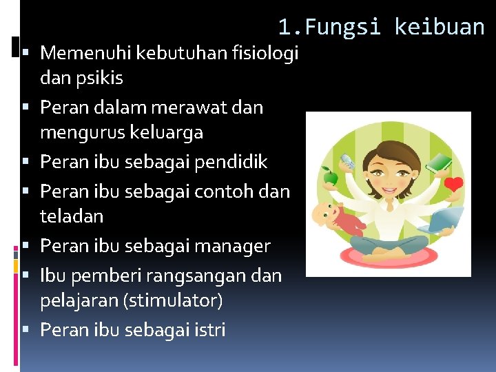 1. Fungsi keibuan Memenuhi kebutuhan fisiologi dan psikis Peran dalam merawat dan mengurus keluarga