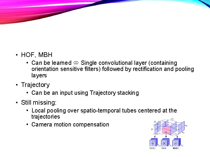  • HOF, MBH • Can be learned Single convolutional layer (containing orientation sensitive