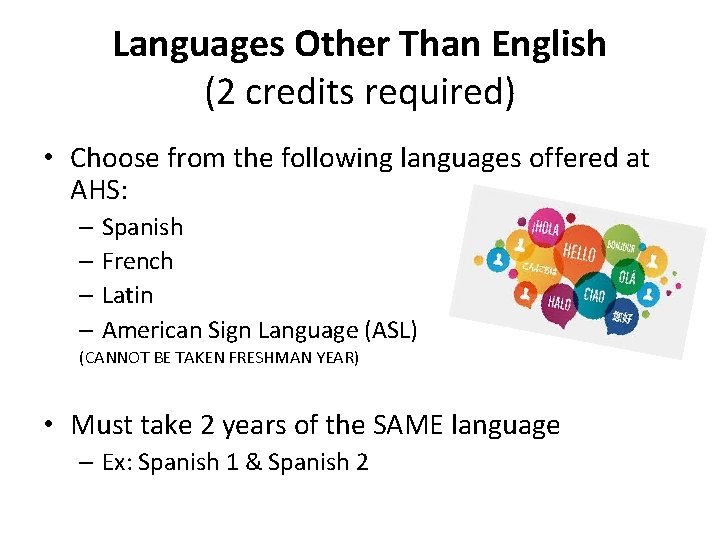 Languages Other Than English (2 credits required) • Choose from the following languages offered