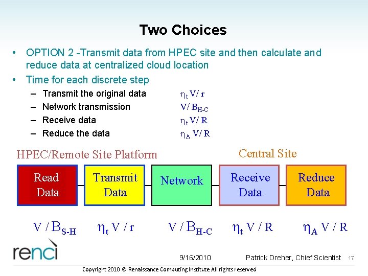 Two Choices • OPTION 2 -Transmit data from HPEC site and then calculate and