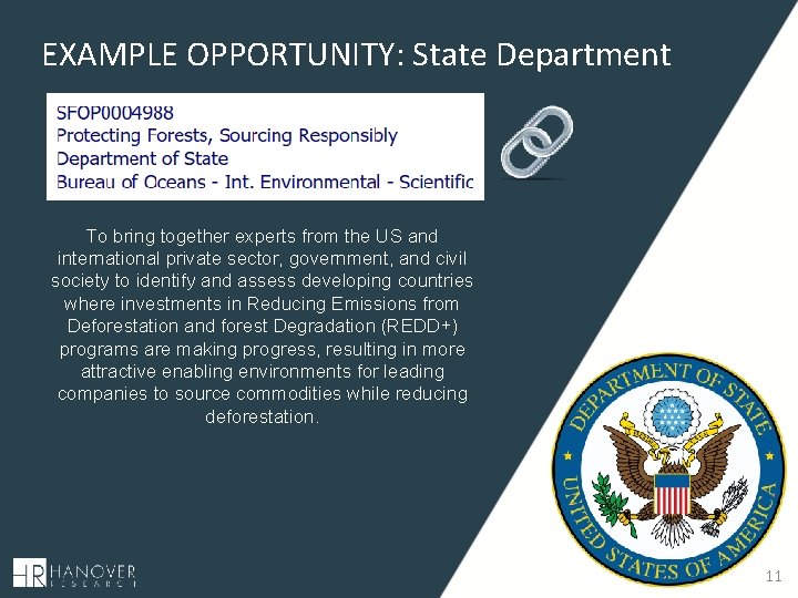 EXAMPLE OPPORTUNITY: State Department To bring together experts from the US and international private