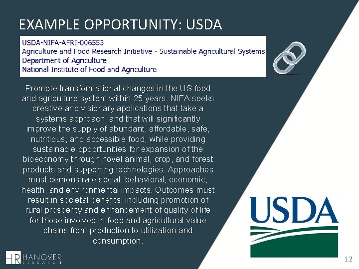 EXAMPLE OPPORTUNITY: USDA Promote transformational changes in the US food and agriculture system within