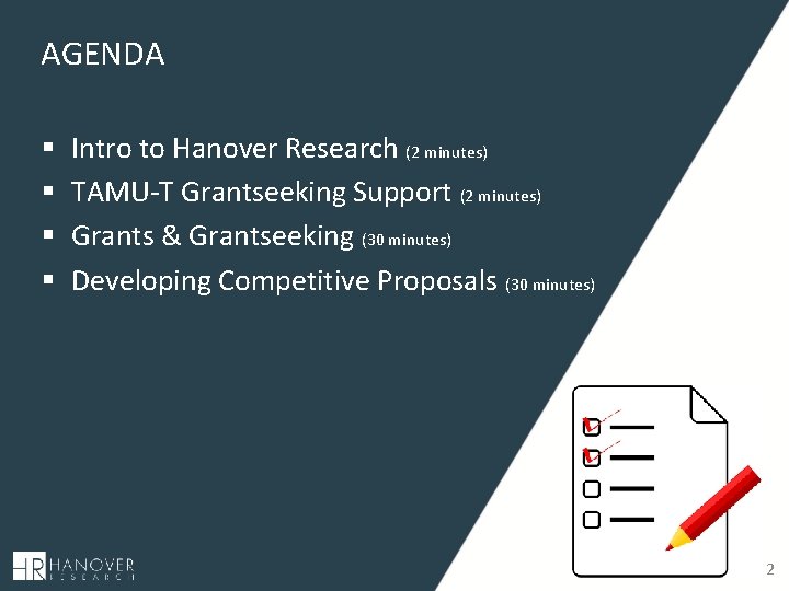 AGENDA § § Intro to Hanover Research (2 minutes) TAMU-T Grantseeking Support (2 minutes)