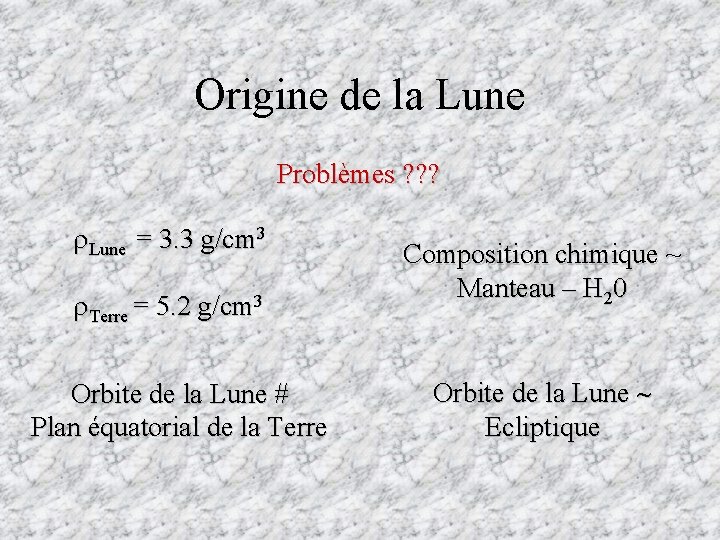 Origine de la Lune Problèmes ? ? ? Lune = 3. 3 g/cm 3