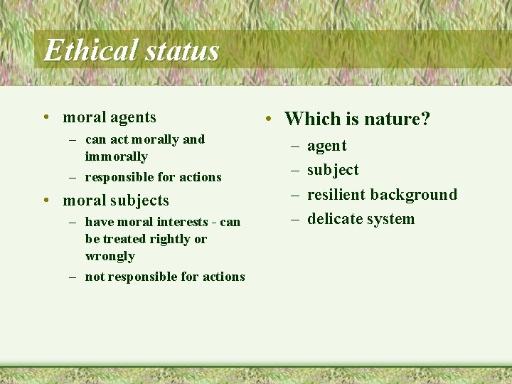 Ethical status • moral agents – can act morally and immorally – responsible for