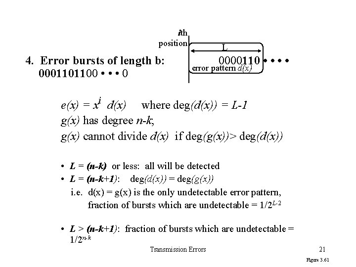 ith position L 4. Error bursts of length b: 0000110 • • error pattern
