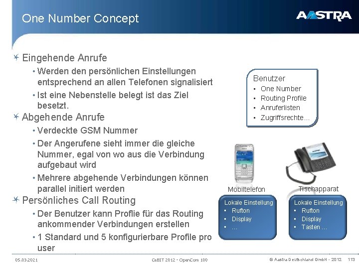 One Number Concept Eingehende Anrufe • Werden persönlichen Einstellungen entsprechend an allen Telefonen signalisiert