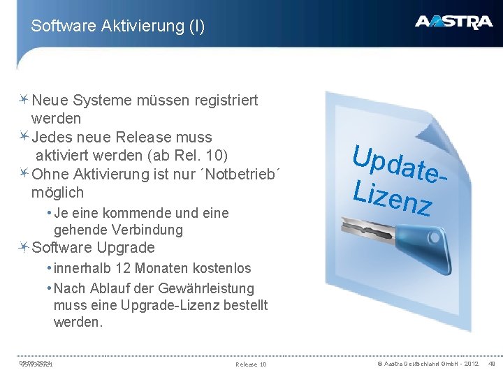 Software Aktivierung (I) Neue Systeme müssen registriert werden Jedes neue Release muss aktiviert werden