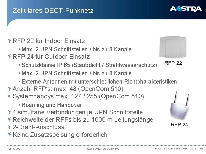 Zellulares DECT-Funknetz RFP 22 für Indoor Einsatz • Max. 2 UPN Schnittstellen / bis