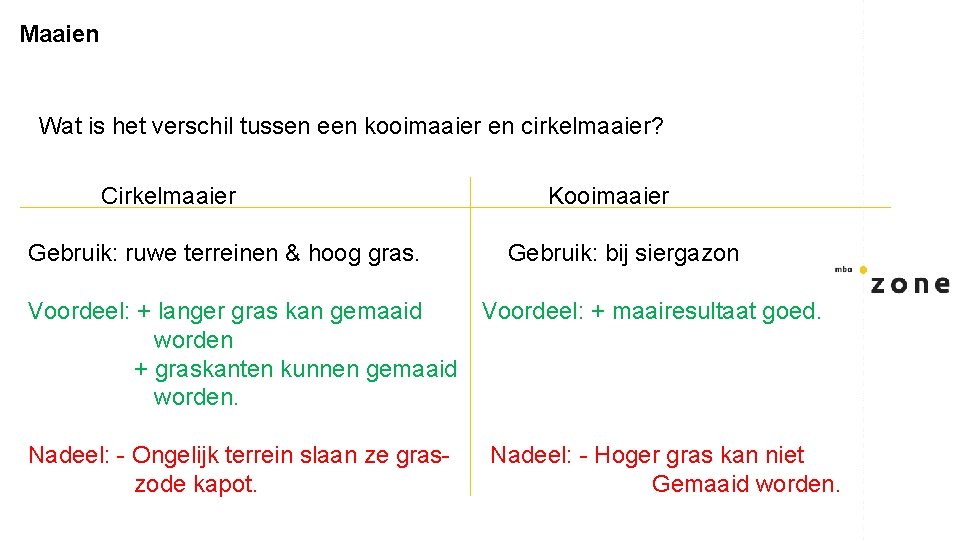 Maaien Wat is het verschil tussen een kooimaaier en cirkelmaaier? Cirkelmaaier Gebruik: ruwe terreinen