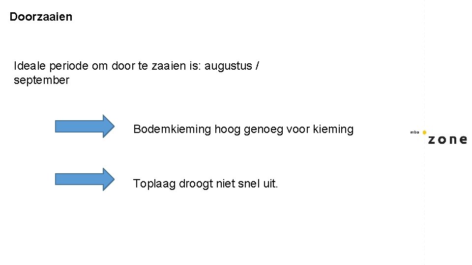 Doorzaaien Ideale periode om door te zaaien is: augustus / september Bodemkieming hoog genoeg