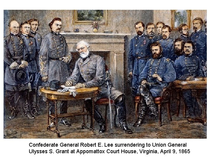 Confederate General Robert E. Lee surrendering to Union General Ulysses S. Grant at Appomattox