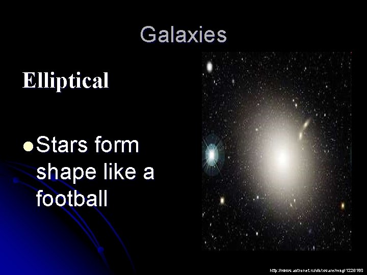 Galaxies Elliptical l Stars form shape like a football http: //www. astronet. ru/db/xware/msg/1226180 