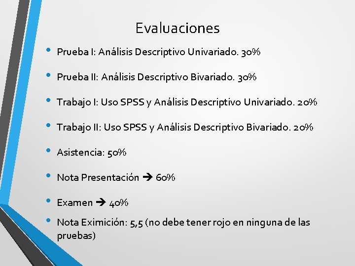 Evaluaciones • Prueba I: Análisis Descriptivo Univariado. 30% • Prueba II: Análisis Descriptivo Bivariado. Evaluaciones • Prueba I: Análisis Descriptivo Univariado. 30% • Prueba II: Análisis Descriptivo Bivariado.